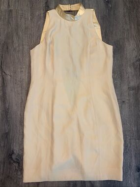 Sleeveless Cream Midi Sheath Dress with Satin Trim